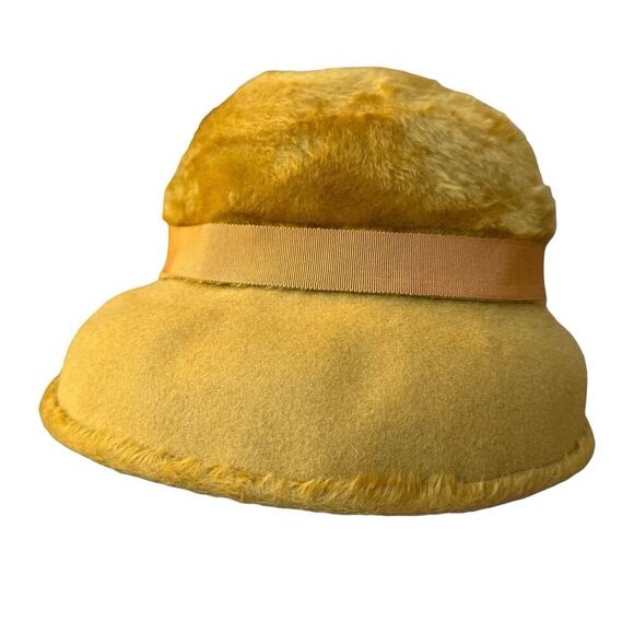 VTG MOD Duchess Italian Wool Felt Faux Fur Cloche Bucket Cossack Style Hat Amber main image 16